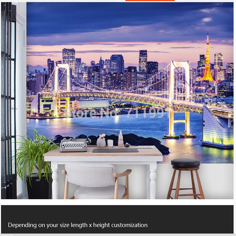 Custom photo murals,Tokyo city  at night for the sitting room TV wall waterproof Fabric & Textile Wallcoverings