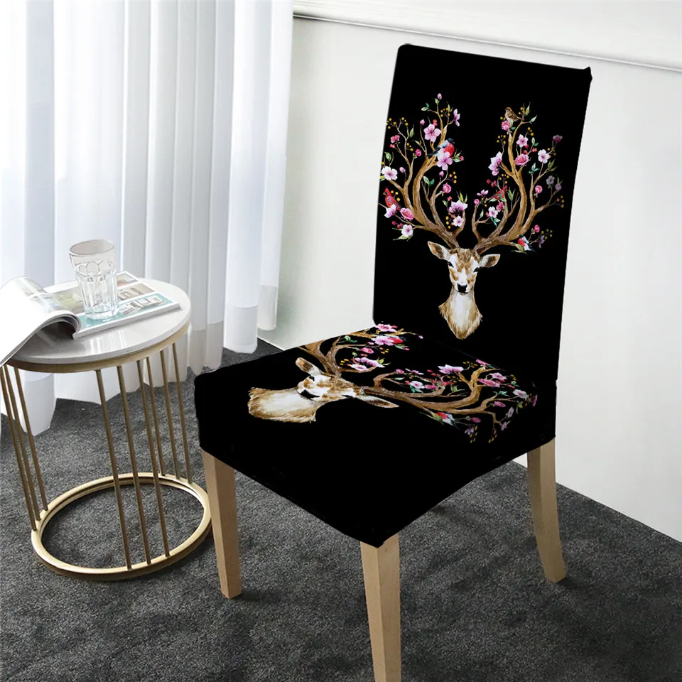 BeddingOutlet-funda de silla de banquete Floral, cubierta de asiento extraíble de Reno de alce, Elk, Spandex, ciervo, coprisedie blanco y negro