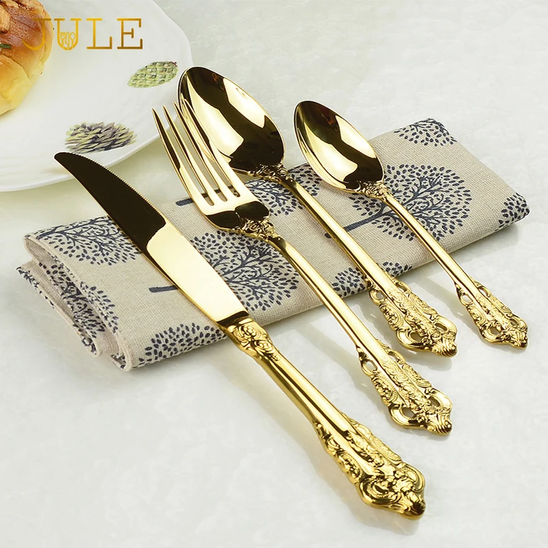 Vintage Western Gold Plated Cutlery  Dining Knives Forks Teaspoons Set Golden Luxury Dinnerware Engraving Tableware set lin2858