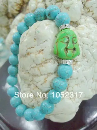 

5pcs 10mm Stone howlite Bead inlay ice Green Buddha Head Shining Rhinestone Bracelet Elasticity Adjustable Style