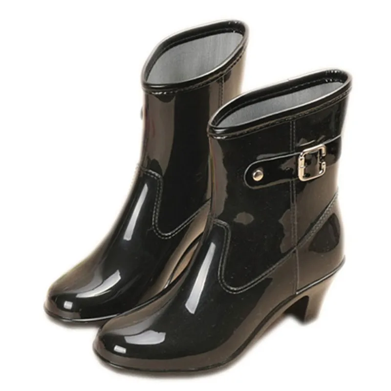 Rouroliu Women Fashion PVC Mid-calf Rain Boots Buckle High Heels Rainboots Waterproof Water Shoes Woman Wellies  ZM95