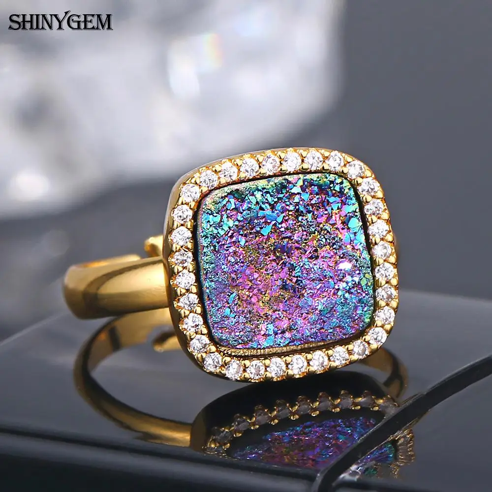 ShinyGem Scintillante Quadrato Arcobaleno Naturale Druzy Pietra Intarsio Zircone Anelli di fidanzamento per matrimonio in rame regolabile per le donne