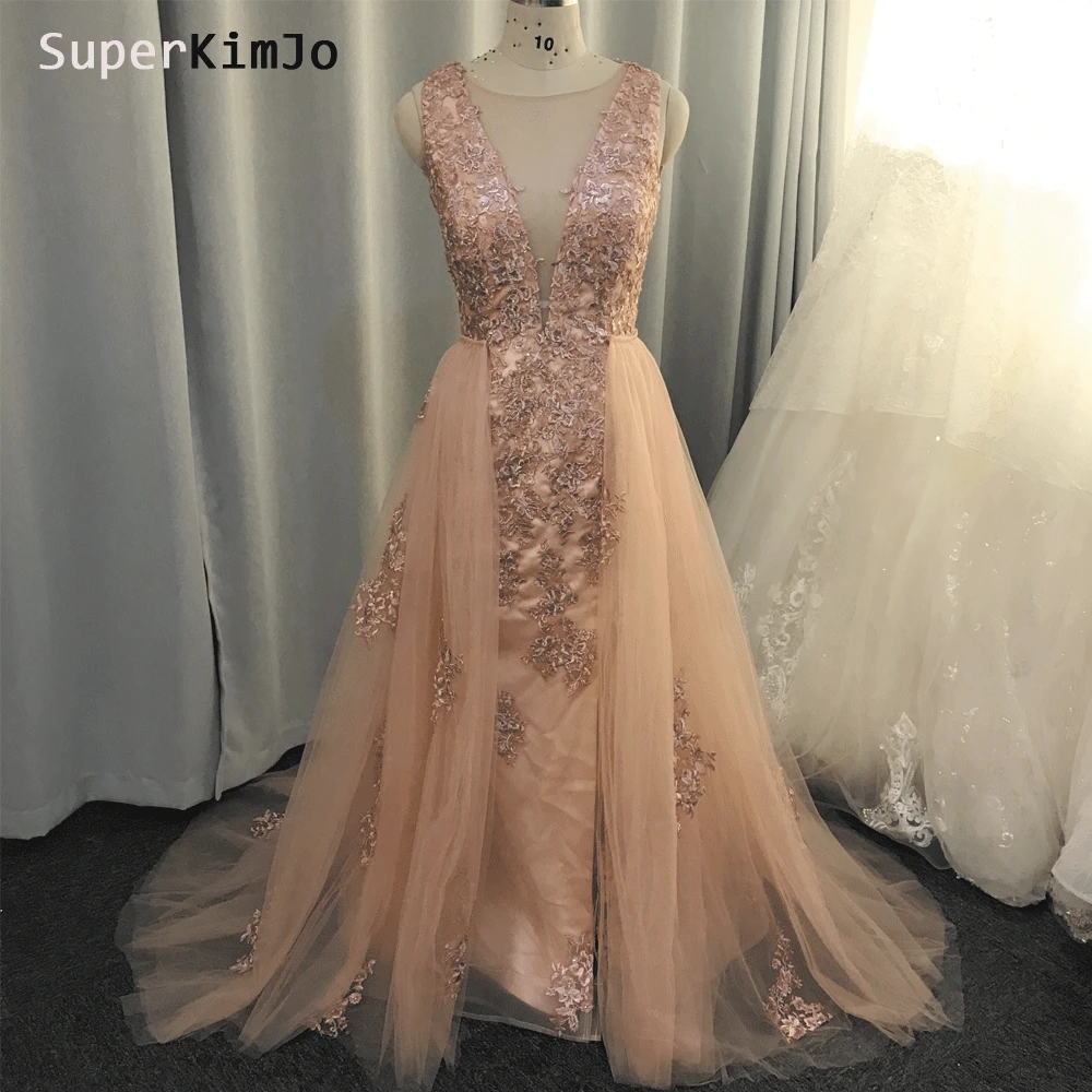 detachable prom dresses real picture sheer crew neckline lace appliques beading sequins pink evening dresses gowns