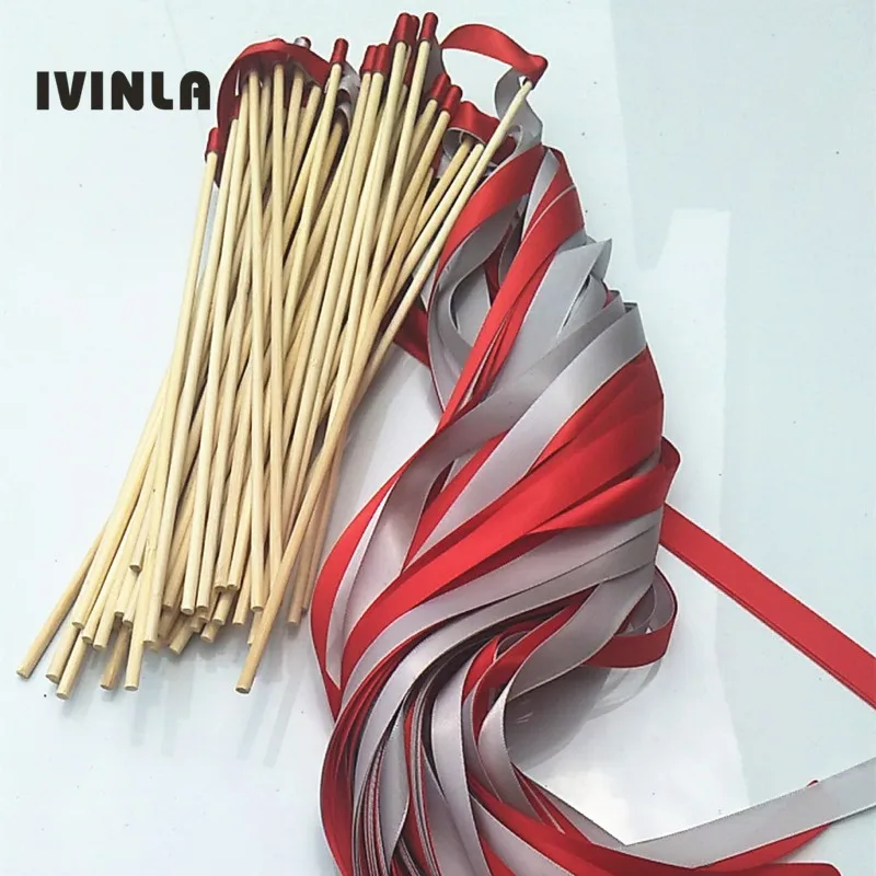 50pcs/lot grey and deep red Wedding Ribbon Wands  Without Bell  For Wedding Decoration