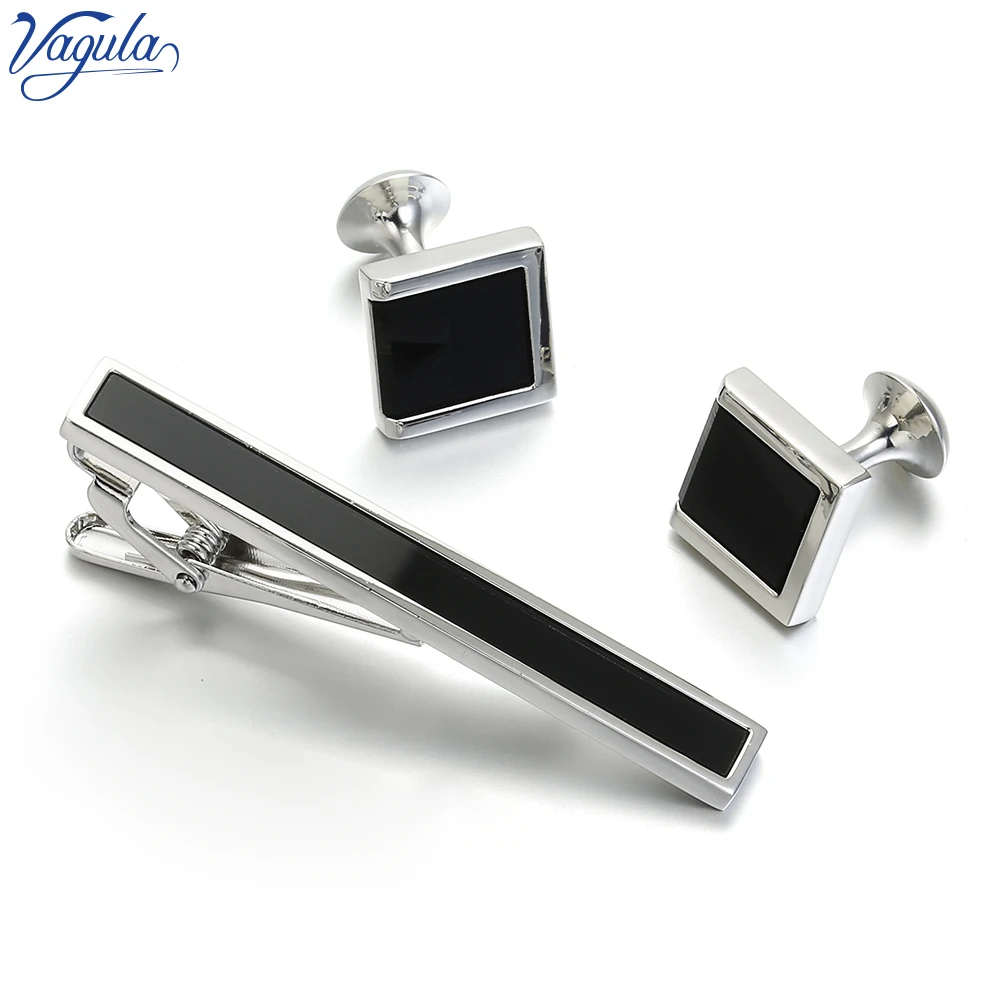 

VAGULA Brass Cufflinks Tie Clip 3Pcs Set Top Luxury Bonito Black Stone Gemelos Classic Clasp Necktie Tie Pin Bar SET 33