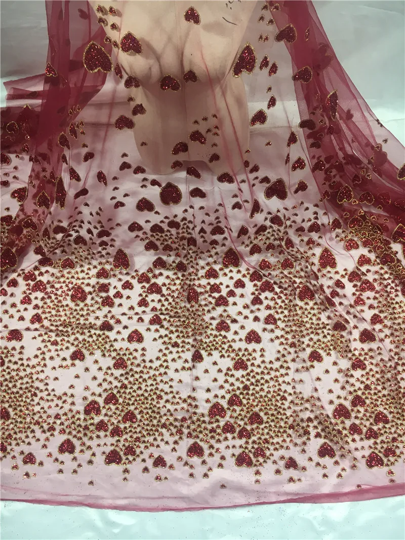 

Pretty design dark red glued glitter lace fabric JRB-102128 top sale glitter mesh material for evening dress or wedding