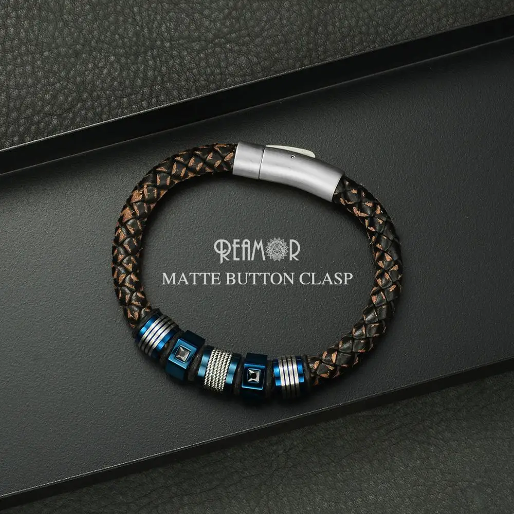 REAMOR Punk Men Jewelry Genuine Leather Braided Bracelets Black Zircon Stainless steel Blue Beads Bracelets Fashion Male Bangle