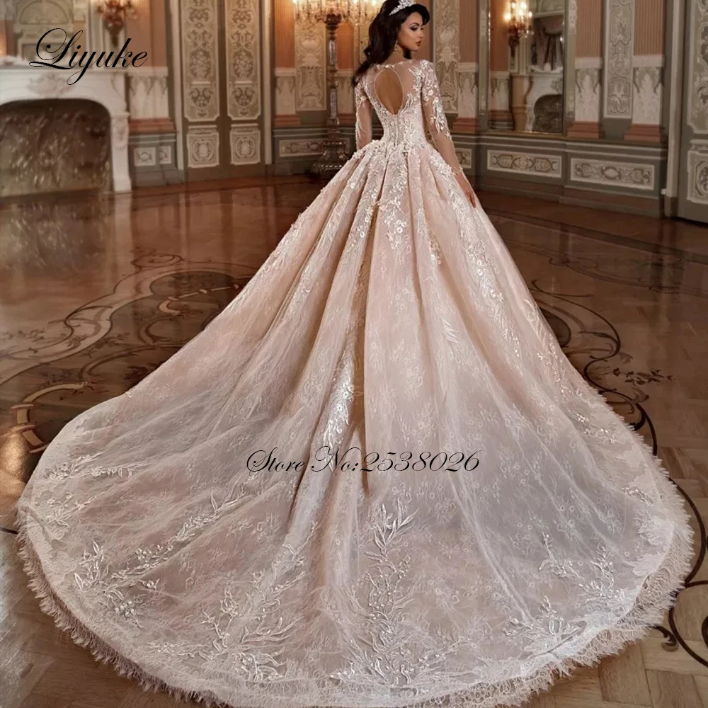 Liyuke Elegant Tulle And Organza Scoop Neckline Of Ball Gown Wedding Dress With Full Sleeve Lace Up Wedding Gown