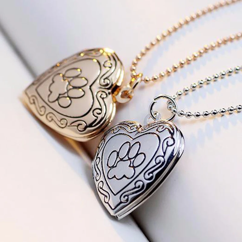 SUTEYI Heart Photo Frame Memory Locket Necklace Gold Silver Color Pet Cat Dog Paw Footprint Necklace Jewelry