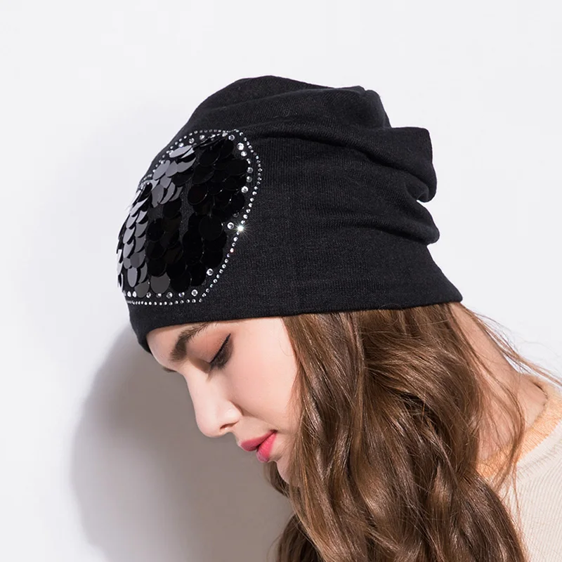 GZhilovingL Women Winter Hats Black Slouchy Knitted Beanies Ladies Love Pattern Hat Female Cotton Long Baggy Skullies Beanie Hat