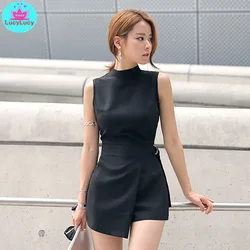 Combinaison courte noire pour femme, nouvelle mode coréenne, slim, amincissante, irrégulière, ceinture, couleur unie, slim, décontracté, été, 2021