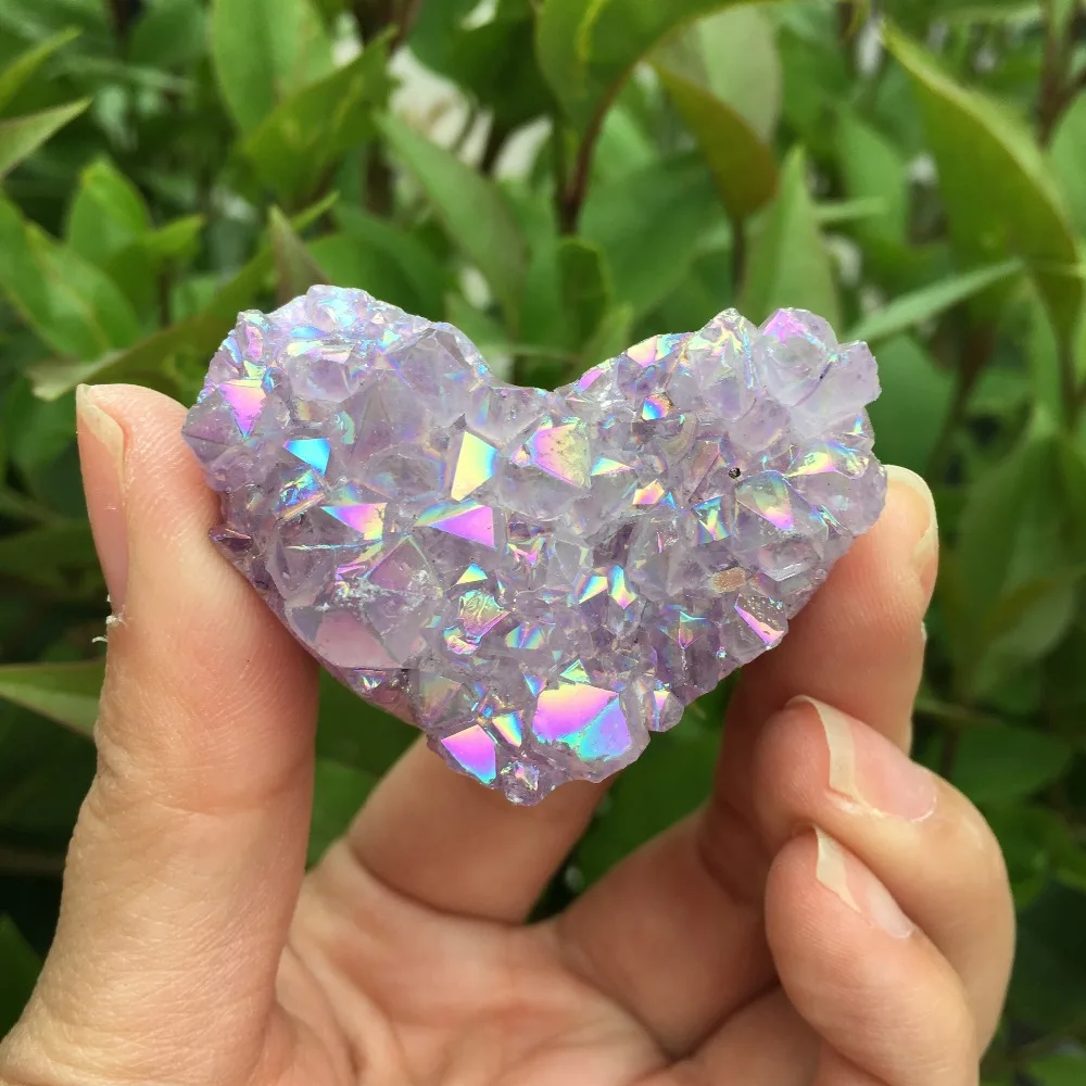 1pcs Amethyst Geode Heart Shaped Crystal Healing Crystals Stones Titanium Rainbow Aura Amethyst Cluster Angel Aura Quartz