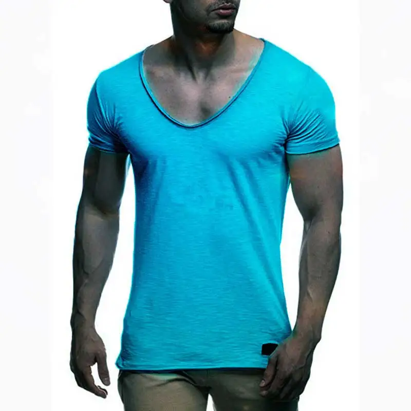 New arrival deep V neck short sleeve men t shirt slim fit t-shirt men thin top tee casual summer tshirt camisetas hombre MY070