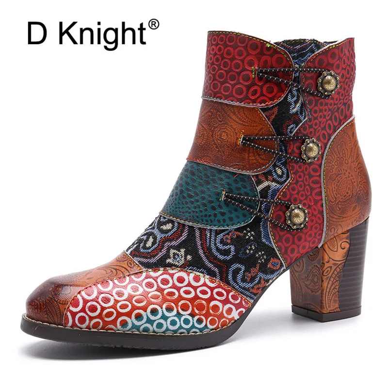 D Knight Vintage Bohemian Ankle Boots Women Shoes Genuine Leather Cowgirl Printed Zip Block High Heels Ladies Shoes Boats Mujer