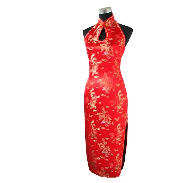 Sexy Bourgondië Backless Traditionele Chinese Jurk Lange Halter Cheongsam Qipao Novelty Druipen Kostuum Sml Xl Xxl Xxxl WC025