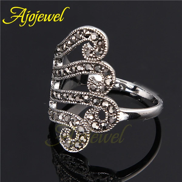 Ajojewel Antique Silver-color Ring With Black Stone For Women Jewelry Vintage Bague