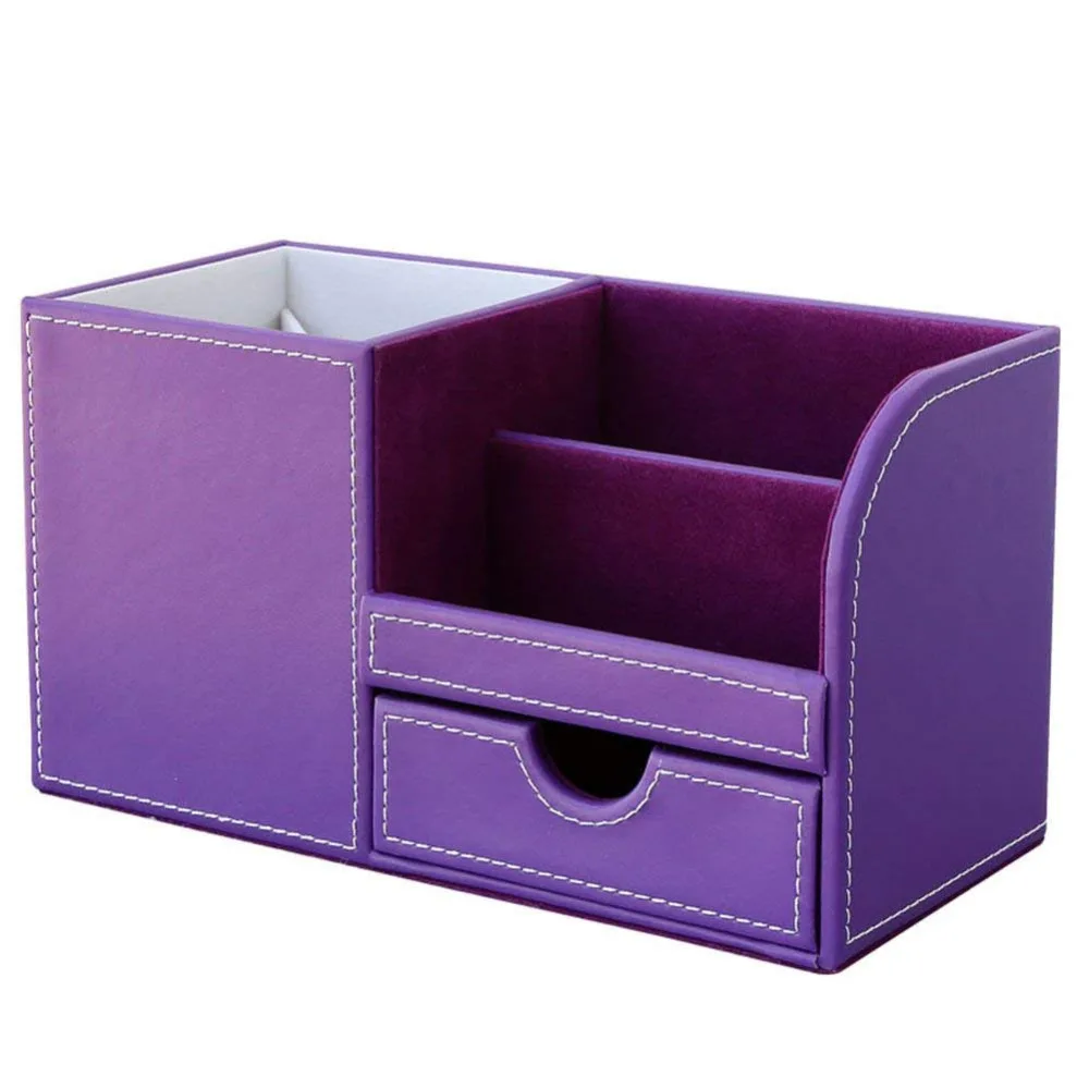 XRHYY Purple 3 Storage Compartments PU Leather Office Desktop Organizer Stationery Box Collection Business Card/Pen/Pencil