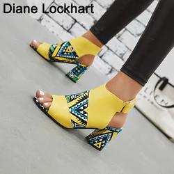 Women Stylish Print Sandals Boots Peep Toe Buckle Strap Summer High Heel Gladiator Shoes Woman Yellow Green sandalias mujer 2024