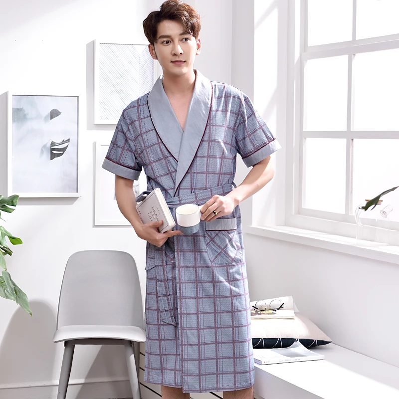 

Summer Plaid Print Robe Short Sleeve Big Yards 3XL Cotton Bathrobe Male V-neck Sexy Dressing Gown Men's Homewear Spas Bath Robe