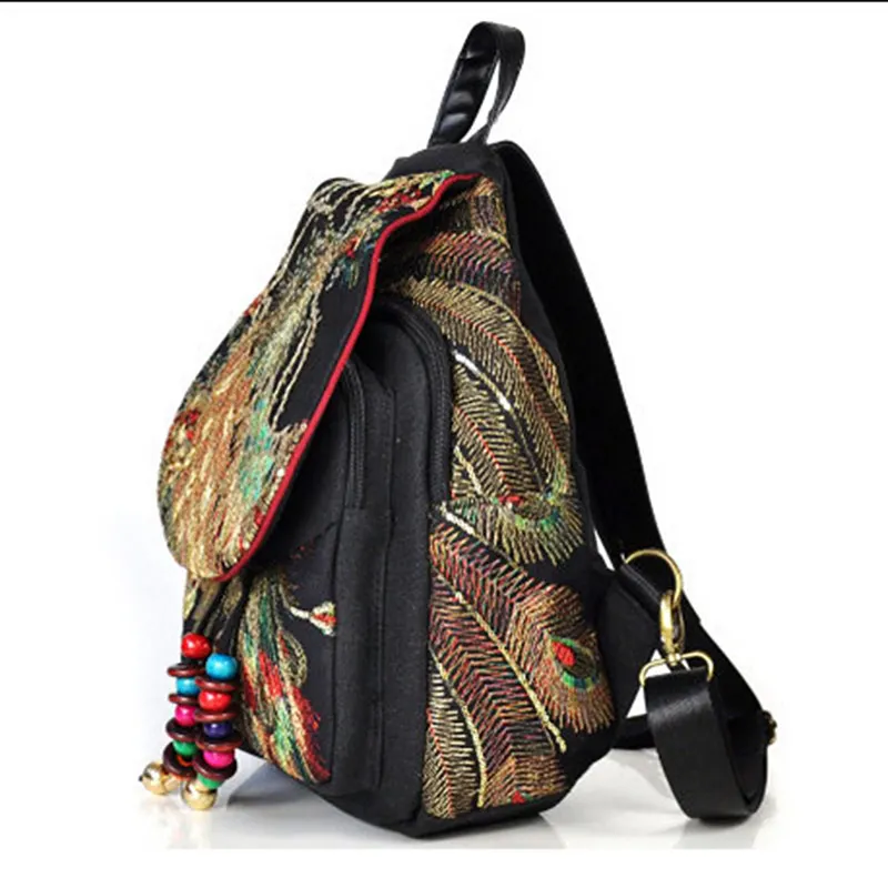 Veowalk Peacock Sequins Embroidered Women\'s Canvas Backpacks, Ladies Floral Rucksacks Woman Small School Back Bag Bagpack