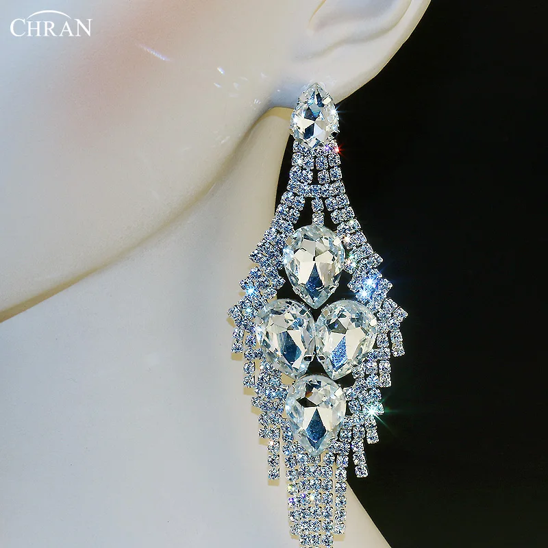 CHRAN Luxury Exaggerated Sparkling Rhinestone Wedding Party Jewelry Crystal Ultra Long Tassel Dangle Big Drop Earrings for Women