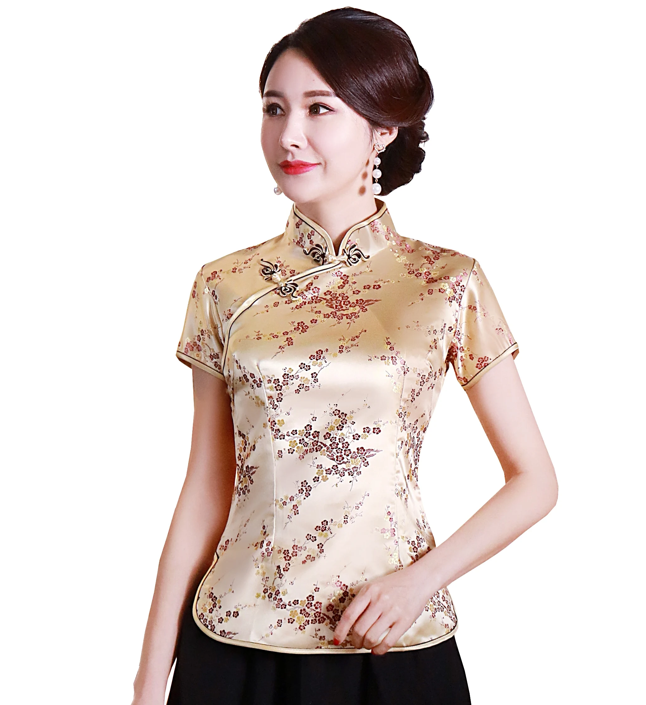 Shanghai Story Short Cheongsam top traditional Chinese Faux Silk/Satin Top dragon and phoenix Embroidery blouse top Qipao Shirt