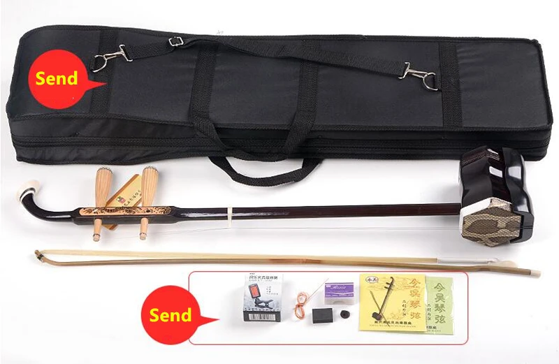 New Erhu Chinese Musical Instrument two strings violin Madeira Carved dragon Flat Pole Hexagonal Shape Bow send book Case erheen