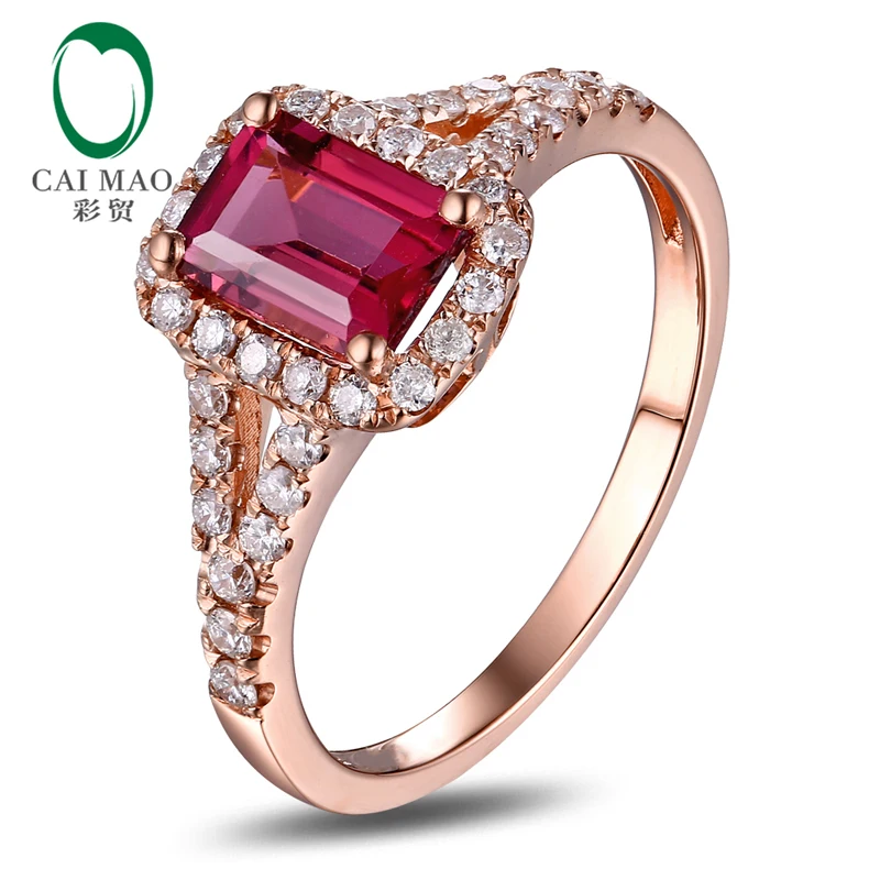 Caimao 10k Rose Gold Emerald Cut 0.93ct Pink Tourmaline & Natural Diamond Engagement Ring Fine Jewelry