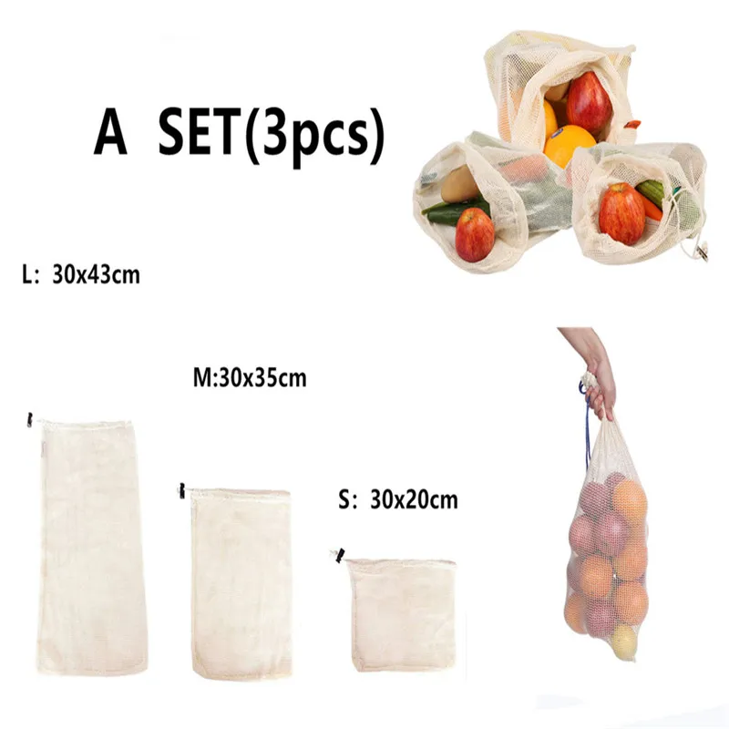 

3pcs/set Reusable Cotton Mesh Produce Bags Fruit Vegetable Shopping Organize Bag Washable Durable Grocery Tote Carry Pouch Bag