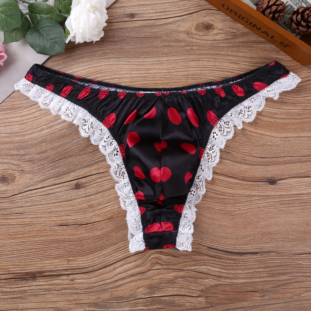 Men Low Rise Lingerie High Cut Ruffle Lace Polka Dots Bikini Briefs Gay Swimwear G-string Thong Hot Sexy Underwear Sissy Panties