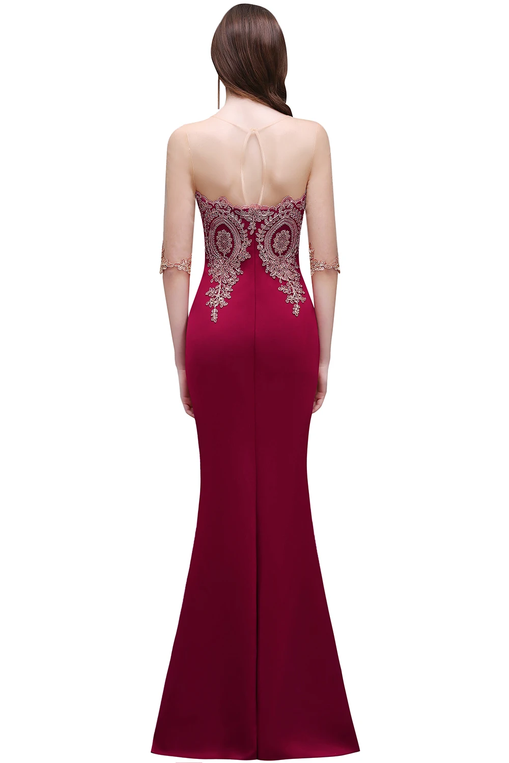 Robe de Soiree Longue Cheap Lace Half Sleeve Mermaid Burgundy Evening Dress Sexy Sheer Back Appliques Evening Gowns