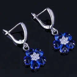 Incredible Flower Blue Cubic Zirconia White CZ Silver Plated Drop Dangle Earrings V0767