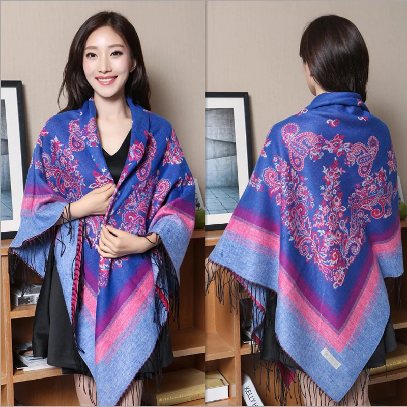 

Square New Arrival Fashion Jewelblue National Style Women's Fine Tasslels Cashmere Pashmina Thick Shawl Scarf Blanket Warm 1220