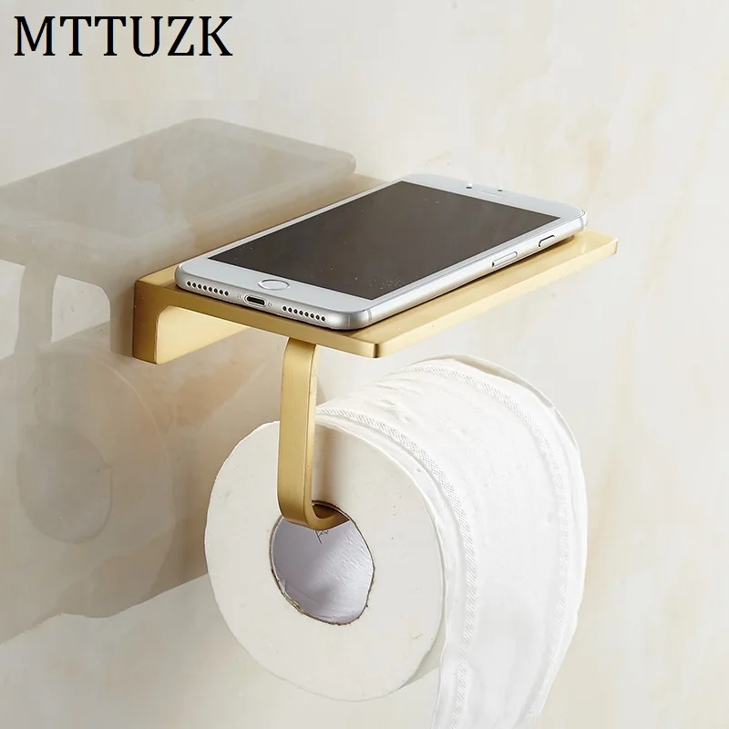 

MTTUZK Brushed Gold Paper Holder with Shelf Wall Mounted Mobile Phone Paper Towel Holder Decorative Bathroom Roll Paper Holder