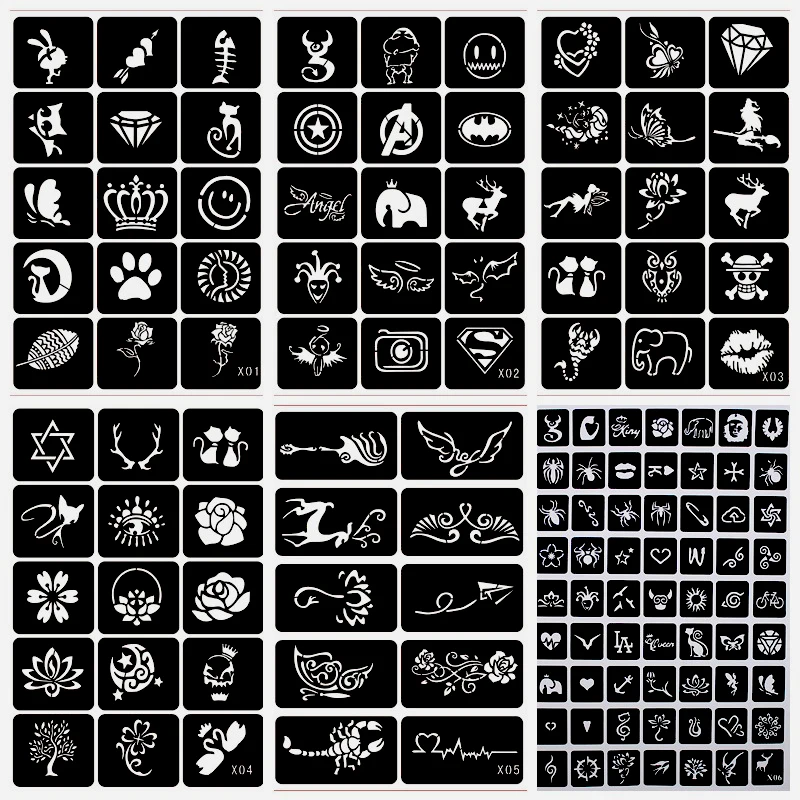 446pcs/Lot Reusable Sticker Tattoo Stencils Book,Painting Template Airbrush Glitter Henna Tattoo Stencil Set Album Fixed Style