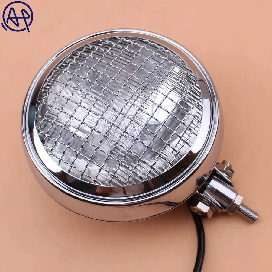 Motorcycle Old School Vintage Metal Retro Front Hi-Lo H4 Headlight Clear/Amber Lens+Grill Mask Black/Chrome For Harley Chopper