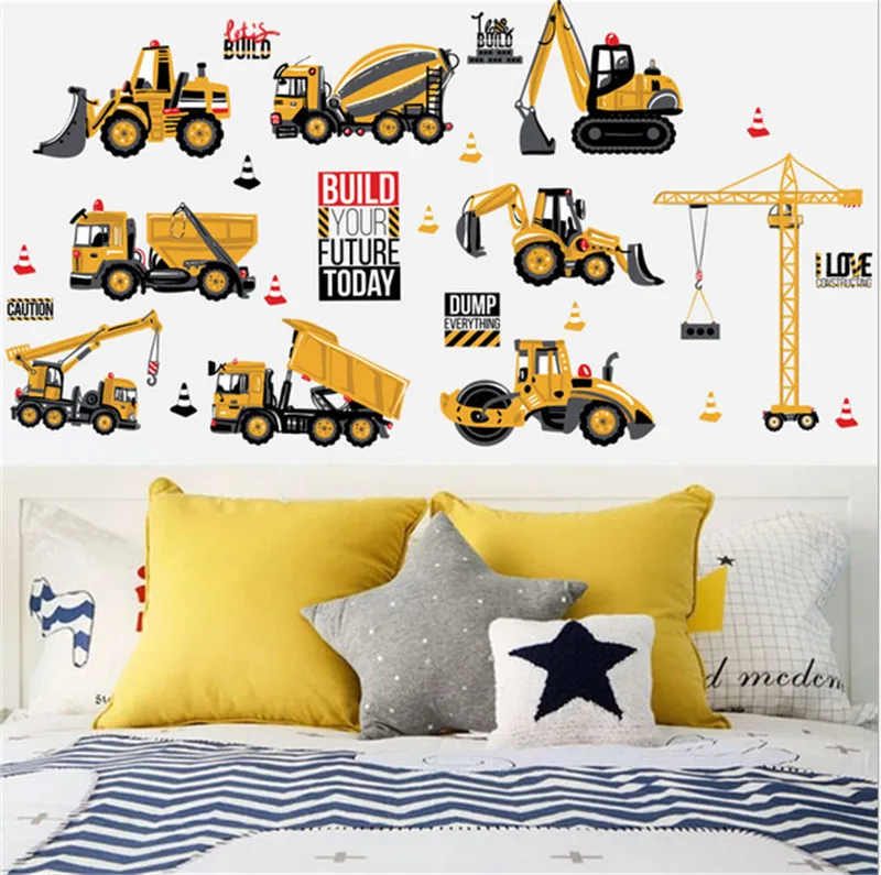 Pegatina de pared de vehículo de construcción de dibujos animados, excavadora de grúa, calcomanías de decoración de dormitorio para niños
