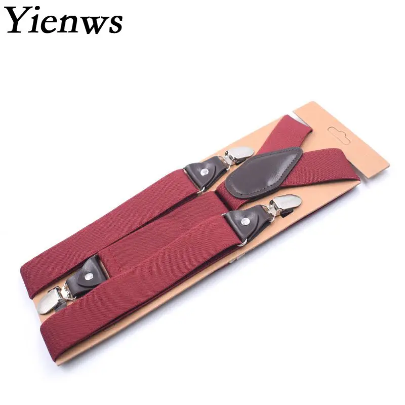 Yienws Bretels Mannen Kulit Suspender Pria Burgundy Brace 3 Klip Celana Tali Suspender Pria Celana Navy Suspensorio YiA137