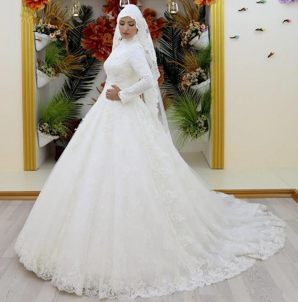 Vestidos de novia de encaje de manga larga, vestidos musulmanes de cuello alto, apliques de lujo para boda, vestidos de novia de diseño árabe saudita