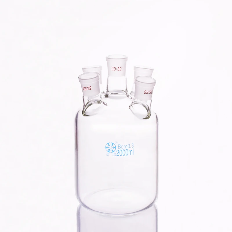 Single-layer cylindrical flat bottom five-necked flask 2000ml,Joint 29/32,Single-layer reactor bottle,Micro oblique neck