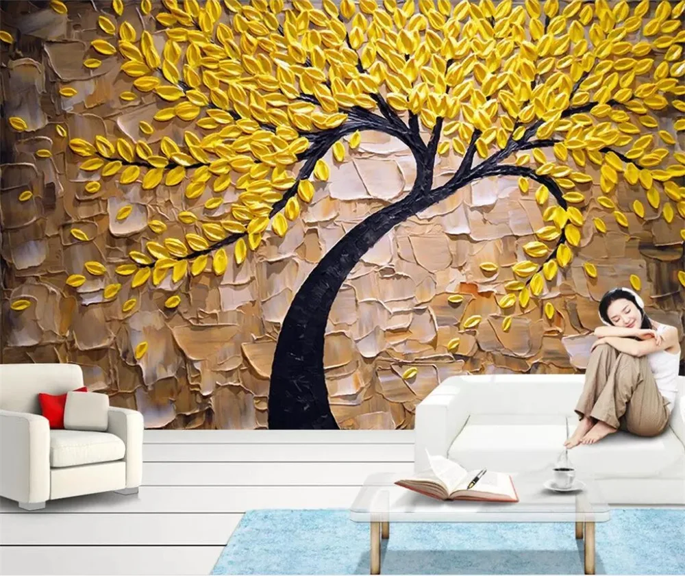

beibehang Custom wallpaper 3D yellow Fortune tree oil painting stereo photo knife painting tooling wealth background wall paper