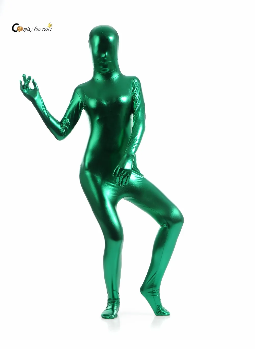 Gratis Verzending Bodysuit Metallic Glanzend Groene Dames Unitard Catsuits Metallic Footed Rits Zentai Bodysuit Kan Worden Aangepast