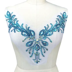 BABY Blue V-neck przyszyć dekolt lustro Rhinestone Crystal ślubne wykończenie aplikacja projekt łatka do dekoracja do szycia sukni ślubnych