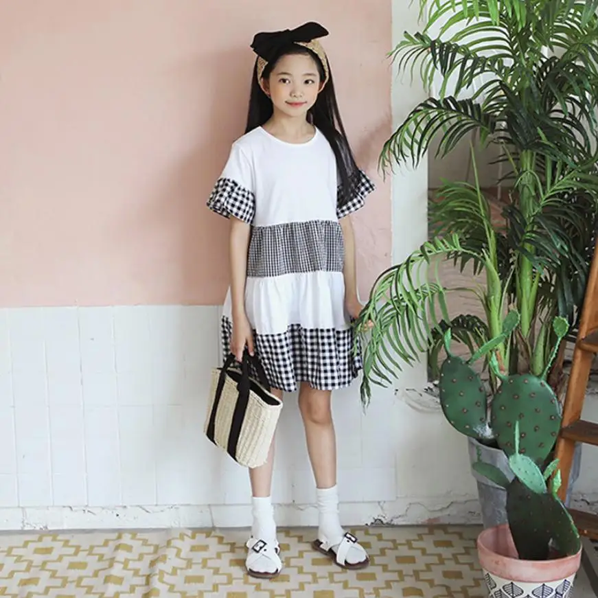 Girls Dress Summer New Black White Plaid Spliced Dress For Girls Short Sleeve Cotton Children Dress Modis Kids Vestidos Y1326