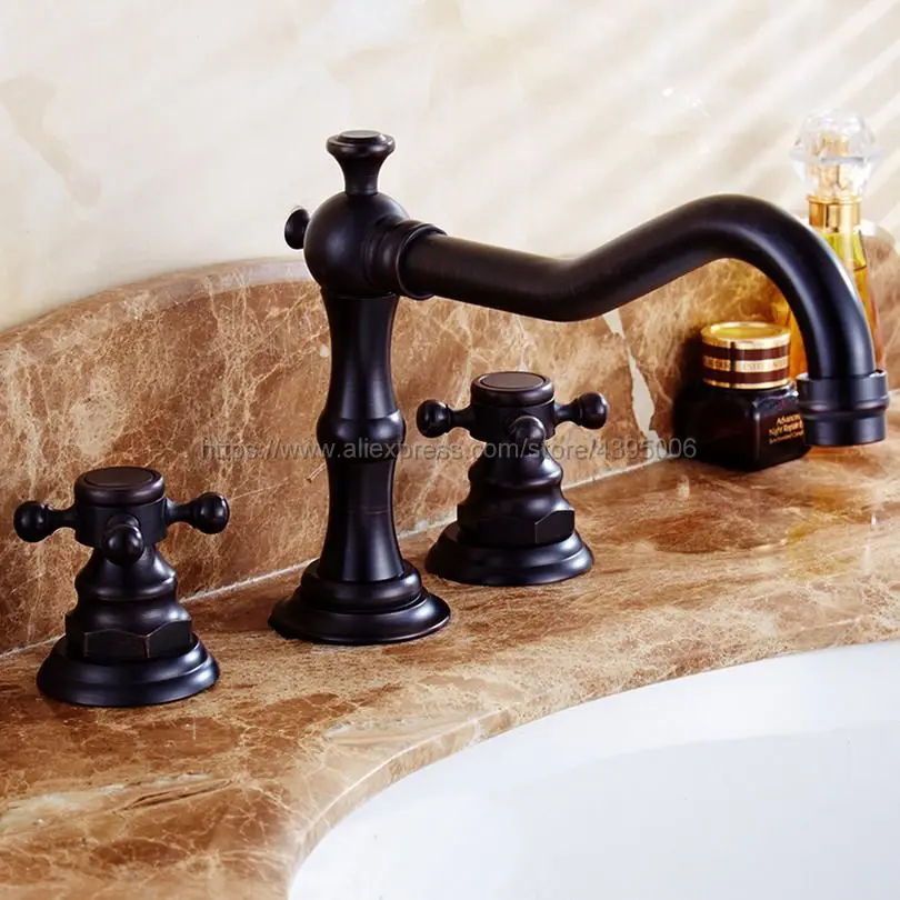 Black Oil Rubbed Bronze Deck Mount Dual Handles Basin Faucet 3pcs Bathroom Lavatory Washbasin Mixer Tap Bnf283