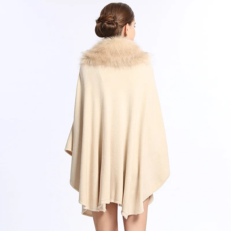 8 Colors Fashion Winter Cloak Cashmere Shawl Overcoat Women Faux Fox Fur Trim Collar Loose Poncho Big Pendulum Cape Streetwear