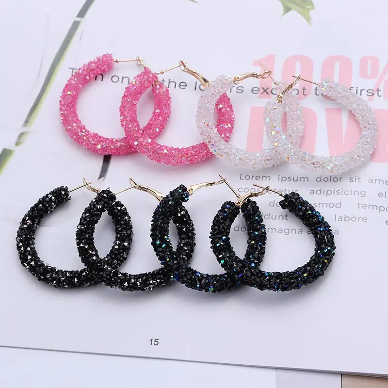 Hoop Earrings for Women Big Shiny Crystal Bohemian Bead Earings Metal Round Statement Earrings Fashion Ear Jewelry EB711