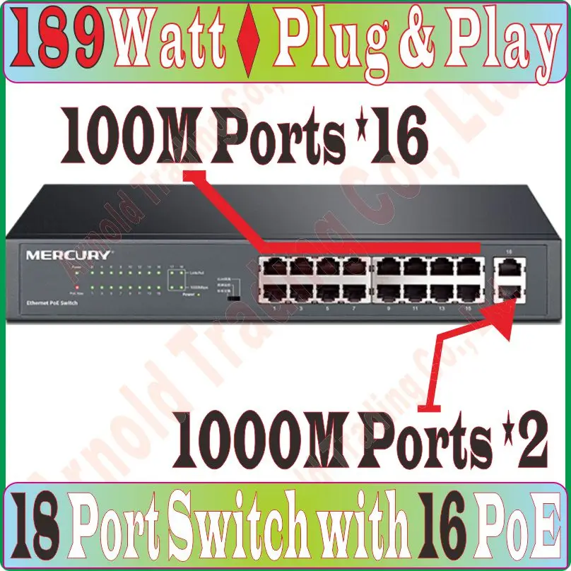 

Max. PoE 189W 16 ports POE Switch with 16 POE ports power to ip camera,wireless ap,16-port PoE Switch with 2 RJ-45 Gigabit Port