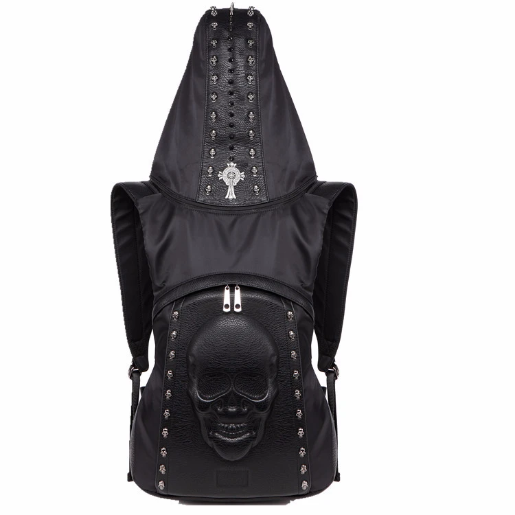 New Fashion Personality 3D Skull Leather Backpack Rivets Skull Backpack With Hood Cap Apparel Bag Cross Bags Hiphop Man 585