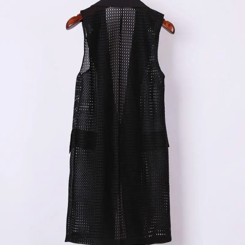 New Big Size Women Black Hollow Out Vest Fashion elegant office lady Slim Coat Outwear Summer Long Sleeveless Jackets